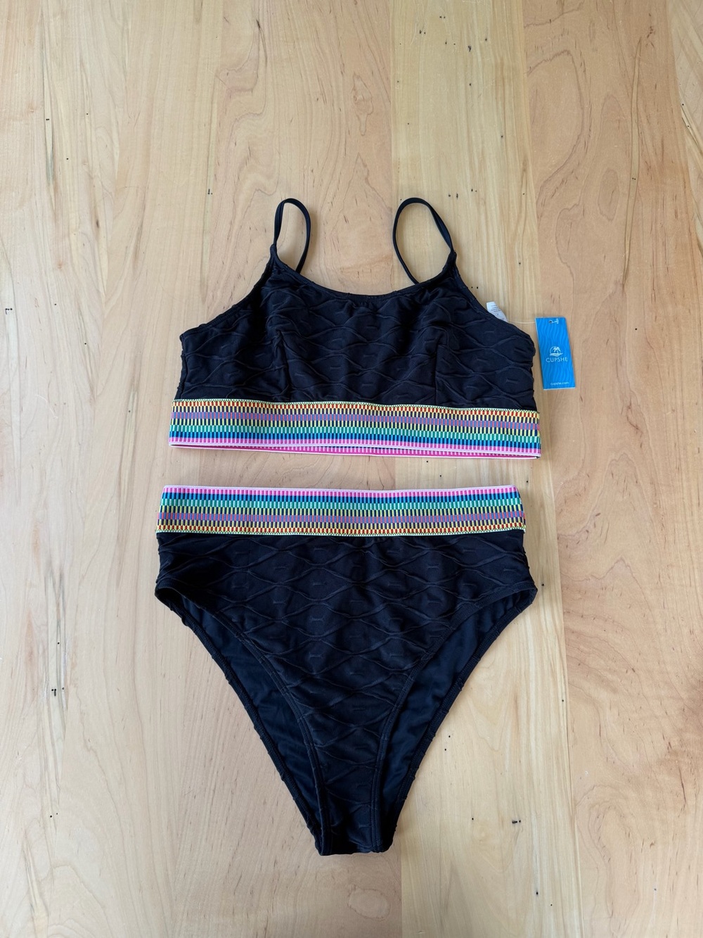 Women’s Black Two-Piece Style Swimsuit with Rainbow Trim